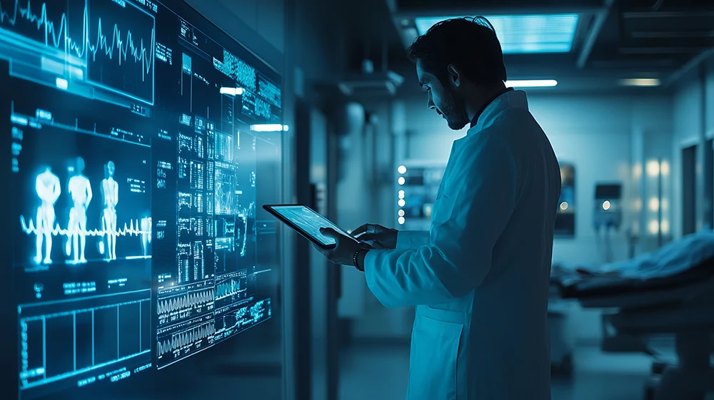 Médico analizando datos clínicos con sistemas inteligentes y analítica predictiva en sanidad